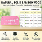 Bamboo Wood Phone Box – Unplug from Phones, Tablets, and Electronics for Study, Meetings, and Family Time, Phone Holder Organizer with Charging Holes, Farmhouse Style, Holds Up to 18 Phones-Pink