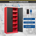 Metal Storage Cabinet-72” Tall Steel File Cabinets with Lockable Doors and Adjustable Shelves-Black&Red Steel Storage Cabinet for Home, School, Office, Garage
