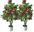 Artificial Camellia Tree 35in Faux Floral Plant with Red Flowers and Green Leaves - No Maintenance Indoor Outdoor Office Home Porch Decor Housewarming Gift(2 Pack - RED)