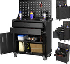 Tool Cart with Wheels and 2 Drawers, Metal Garage Storage Cabinet with Lockable Doors, Pegboard and 4 Hooks for Garage, Workshop, Tool Chest, Heavy Duty Work Bench, Black, Assembly Required