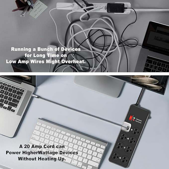 Heavy Duty Surge Protector 20Amp,Metal Power Strip with 8 Outlets,Wall Mount Surge Protector 4800J,12 Gauge 10FT Extension Cord 5-15P Adapter Workshop & Industrial Use with 6-20R T-Slot Outlets