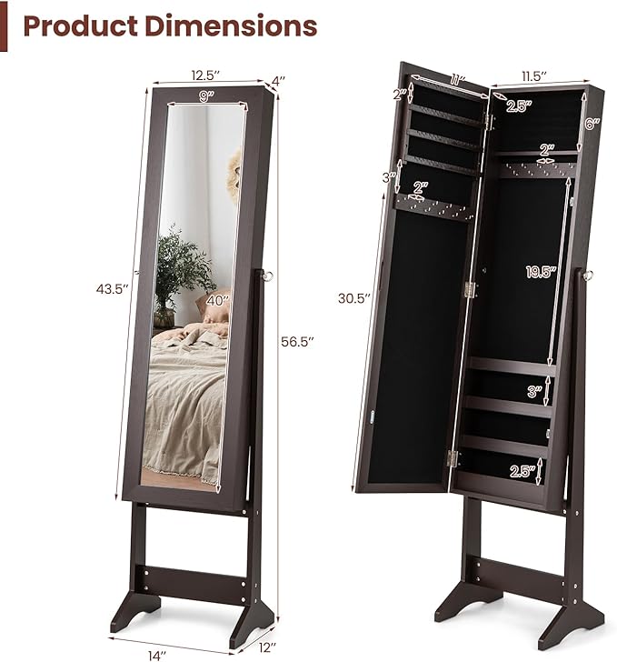 Giantex Jewelry Cabinet with Full-Length Mirror, Standing Jewelry Armoire Organizer with 64 Earring Slots, 20 Necklace Hooks, 72 Ring Slots, 4 Storage Shelves, 3 Angle Adjustable, Espresso