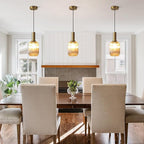 KCO Lighting 1-Light Amber Glass Ceiling Light Fixture Vintage Striped Glass Pendant Light Farmhouse Cylinder Pendant Light Gold Mini Kitchen Island Pendant Lighting Single Hanging Light