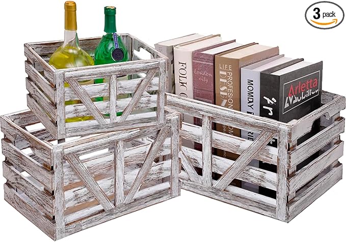 Storage Crate Nesting Wooden Crates with Handles,Set of 3 Rustic Farmhouse Decorative Wood Baskets for Storage,Display,Decor Boxes,(Large,Medium,Small)