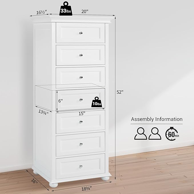 Tall White Dresser for Bedroom with 7 Drawers, 52" Tall Chest of Drawers Modern Wooden Lingerie Chest with Crown Molding and Solid Wood Ball Legs, Anti-0xidation Zinc Alloy Knob(White)