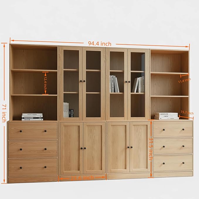 TUSY 71" H Bookshelf Bookcase with Doors, 3-Tier Modern Bookshelves with 3 Large Drawer, Display Bookcase with Glass Doors, Modern 5-Tier Curio Cabinet for Home Office, Dining Room (Wood, ABBA)