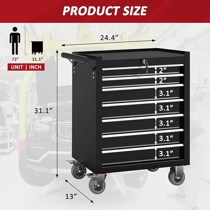 7 Drawers Rolling Tool Chest with Wheels, Rolling Tool Chest with Drawers, Portable Rolling Tool Boxes with Wheels, Tool Box Storage Cabinet with Locking System for Garage (Black, 7 Drawers)