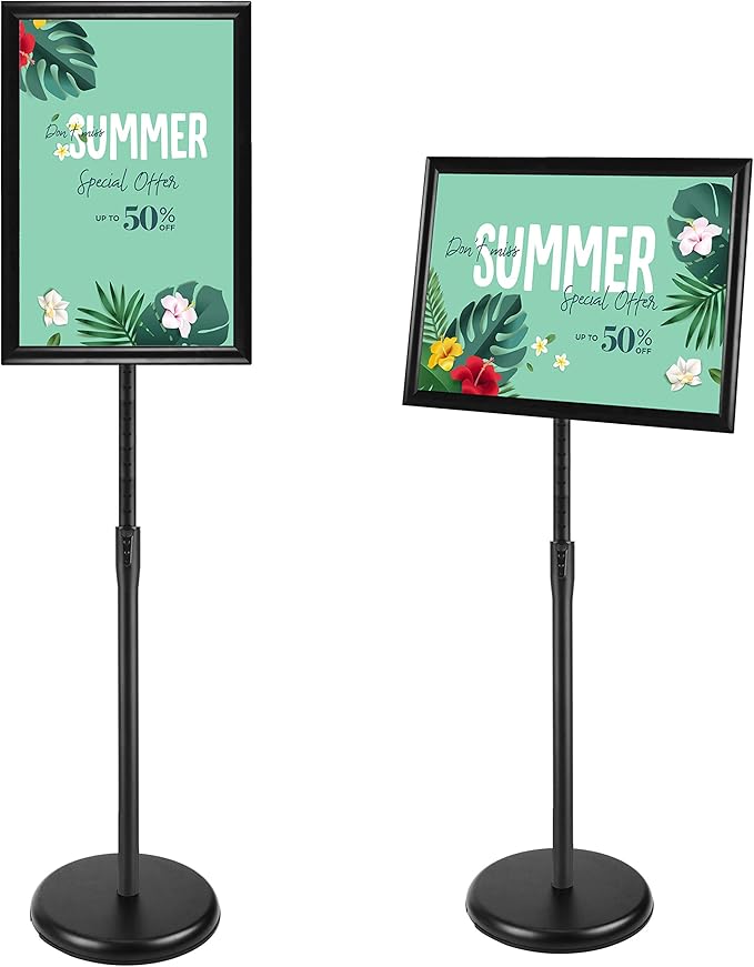 Pedestal Floor Standing Sign Holder 11x17 Inch, Adjustable Poster Sign Stand Aluminum Snap Open Frame for Display Notice/Poster/Advertisement (Black)
