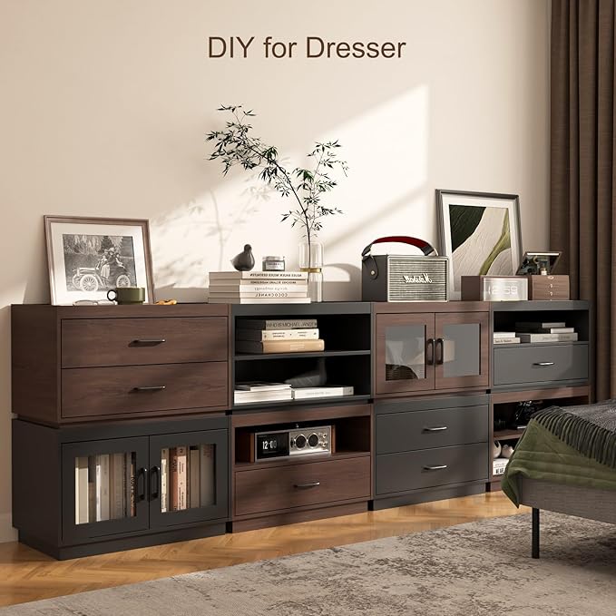Stackable Storage Drawers,28" Wide Storage Bins w/ Drawers and Compartment for Closet Organizers, Wood Stackable Closet Organizer Modern Large Stackable Storage Units for Living Room Hallway, Black