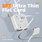 TESSAN Ultra Thin Flat Extension Cord 5 FT, Slim Power Strip with USB Ports (1 USB C), Surge Protector Flat Plug Wall Charger with 3 Outlets for Office, School, Dorm Room Essentials