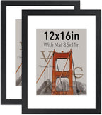 VCK 12x16 Picture Frame 2 Pack - Black, High-End Wood Poster Frames with Tempered Glass, Display 8.5x11 Photo with Mat or 12x16 without Mat, Art Gallery-Quality, Wall Hanging, Black