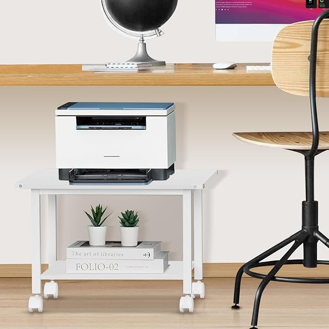 Lerliuo Under Desk Printer Stand, 2-Tier Industrial Mobile Printer Table with Storage Shelf and Steel Frame, Rolling Printer Cart Holder with Lockable Wheels for Home, Office (White)