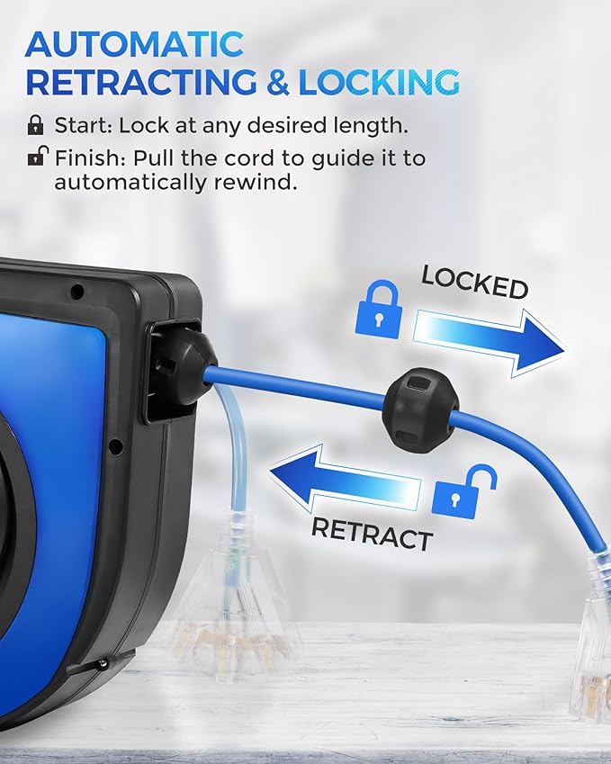 Retractable Cord Reel, 60 FT Heavy Duty Extension Cord, 12AWG/3C SJTOW, 3 Grounded Outlets Lighted Triple Tap, 15A Circuit Breaker, Wall/Ceiling Mounted, UL Listed, Blue U60CR06
