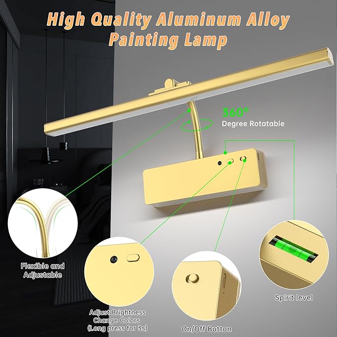 Lightbiz Picture Light, 15.35inch 5400mAh Rechargeable Picture Lights for Wall Battery Operated Wall Lights with Remote, 3 Colors Paintings Light Dimmable Art Light for Artwork, Gallery (Gold)