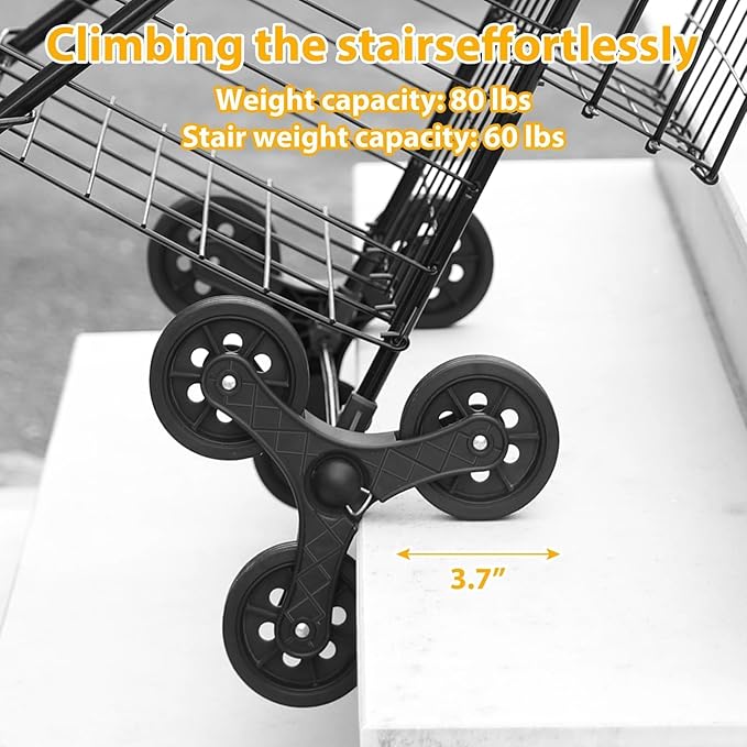 Grocery Shopping Cart with 360° Rolling Swivel Wheels Stair Climber Utility Cart Easily Collapsible Cart with Tri-Wheels, 66lb Extended Foam Cover, Trolley for Stair, Laundry, Travel (Black)