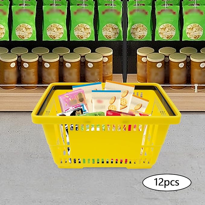 Shopping Baskets Set of 12, 18L Plastic Store Retail Baskets with Handles, Durable Plastic Shopping Cart Portable Grocery Basket for Supermarket Bookstores Grocery Shopping, Yellow