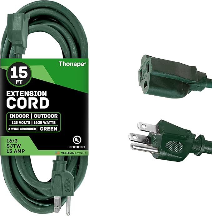 13 Amp Outdoor Extension Cord 15 ft, 16/3 SJTW 15ft Green Extension Cord 3 Prong, Weatherproof for Outdoor Lights, Landscaping & Lawn - US Veteran Owned