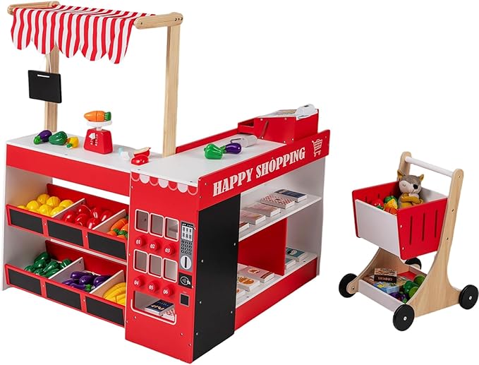HONEY JOY Kids Grocery Store Playset, Wooden Market Stand Play Store with Canopy & Shopping Cart, Toddler Supermarket Checkout Stand w/Blackboard & Accessories, Grocery Store Pretend Play (Red)