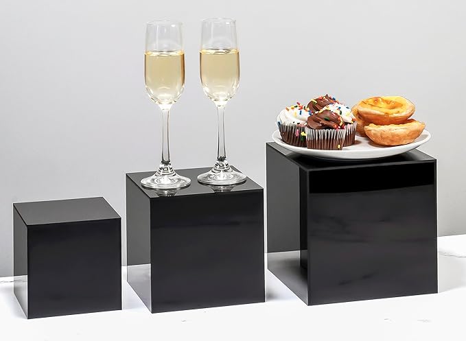 Red Co. Set of 3 Glossy Black Acrylic Cube Display Nesting Riser Stands with Hollow Bottoms