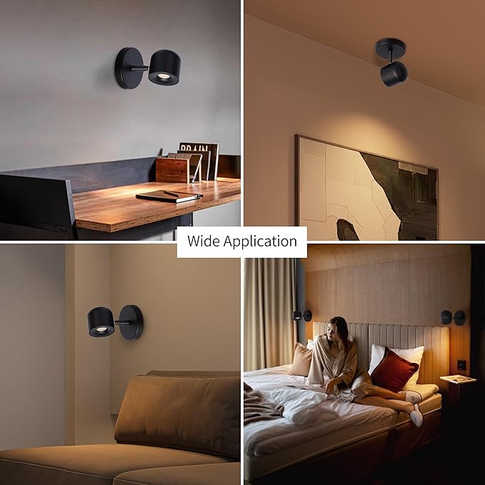 Aisilan Black 7W Dimmable Modern Wall Sconce Fixture LED Adjustable Wall Spotlight Aluminum Bedside Reading Lighting Warm White 3000K