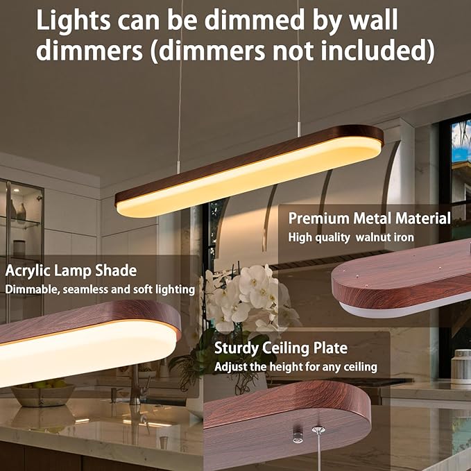 EDISLIVE Modern Linear LED Island Light Dimmable LED Chandelier 38.6 in Adjustable Linear Hanging Light Fixture 3000K-6500K 37W Pendant Light with Iron Acrylic for Dinning Room Kitchen，Walnut Brown