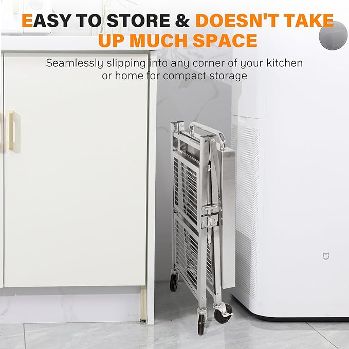 3 Tired Folding Grill Cart, Metal Pizza Oven Stand Table with 2 Total Lock Casters, Stainless Steel Outdoor Rolling Cart with Wheels for Home Party, Bar, Camping