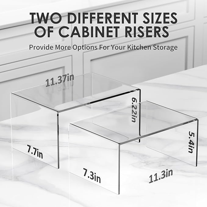 Clear Acrylic Kitchen Cabinet Risers Set of 2 - Anti-Slip Stackable Shelf Organizers, Space Saving Shelves for Counter Display & Spice Organization