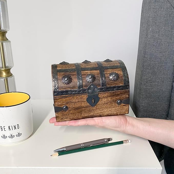 Nautical Cove Treasure Chest Keepsake and Decorative Wood Box (Medium 6.5x4.5x4.5) - Storage Box, Wooden Box with Hinged Lid, Rustic Storage, Pirate Storage Box, Vintage Wooden Chest