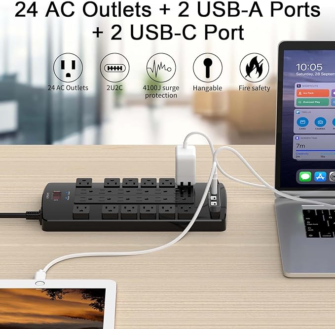Surge Protector Power Strip - QINLIANF 15Ft Flat Plug Heavy Duty Extension Cord with 24 Outlets and 4 USB Ports(1 USB-C Ports), 1875W/15A, 4100J, for Home, Office, Dorm, ETL Listed, Black