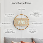 Driini Modern Large Digital Wall Clock - Bamboo Wood with Large LED Display- Day of Week, Time, Temperature, and Humidity - Aesthetic Living Room Clock or Office Wall Clock - Desk or Wall Mount.