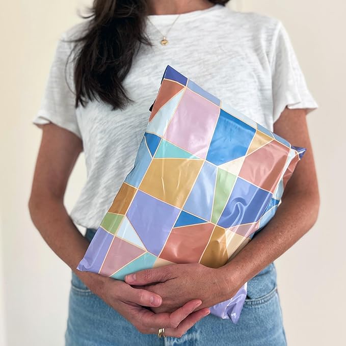 Poly Mailers 10x13 – 100 Pack – Printed Recyclable Shipping Envelopes for Small Business Packaging, Self Sealing Mailing Bags – Pastel Mosaic Multi Color Design