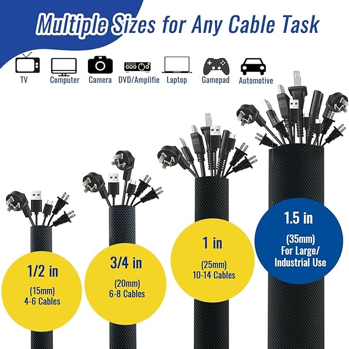 3/4" - 6.6FT Hook and Loop Cable Sleeve, Dog Cat Cord Protector Waterproof Split Sleeving for USB Computer Office Automotive Audio Cables - Protects Cables from Pets Chewing - Black