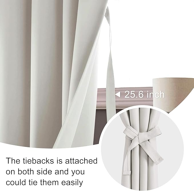 JIUZHEN Blackout Curtains for Bedroom - Thermal Insulated Room Darkening Noise Reducing, 52 x 63 Inch Length Curtains for Living Room, Set of 2 Panels with Tiebacks,Ivory