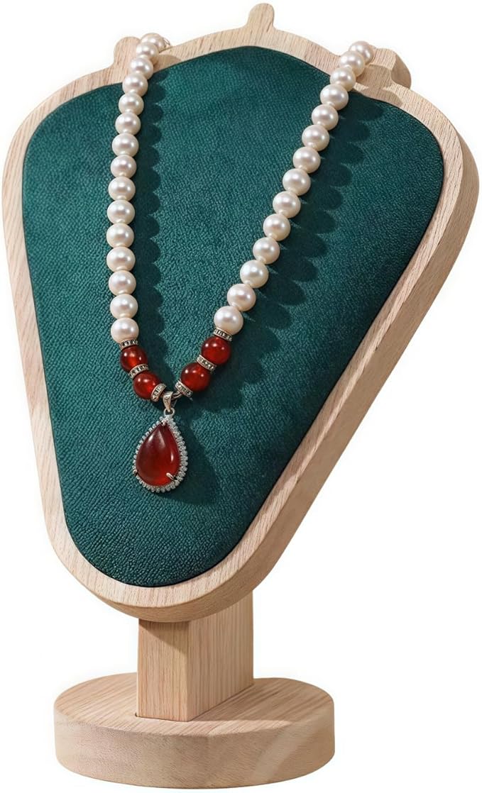 Natural Body Wood Necklace Display Stand with Green Flannelette Soft Mat Necklace Holder Organizer Desktop Stand for Home Store Dresser-3.3"x5.8"x8.4"