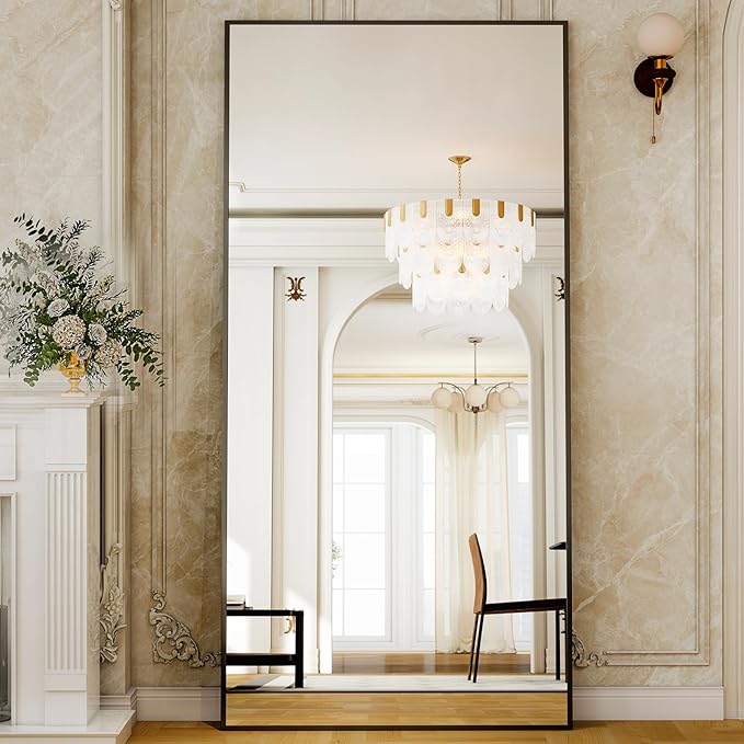 GLSLAND 77" x 38" Rectangular Full Length Mirror - Oversize Floor Mirrors Aluminum Alloy Frame Full Body Dressing Mirror for Bedroom Living Room,Black