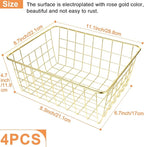 4 Pack Gold Wire Baskets for Organizing Office Wire Storage Basket Gold Metal Storage Baskets for Kitchen Cabinets, Bathroom, Countertop