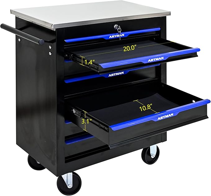 7 Drawer Rolling Tool Chest with Locker, 25.9" D Metal Movable Lockable Tool Cart Box Multi-Functional Hardware Storage Cabinet Box for Warehouse Basement Home Pantry Garage