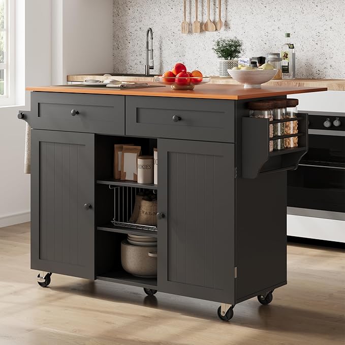Kitchen Island On Wheels, Rolling Kitchen Island Cart with Drop Leaf and 2 Drawers, Mobile Kitchen Table Storage Cabinet with Tower Rack and Spice Rack for Dining Room, Kitchen, Black
