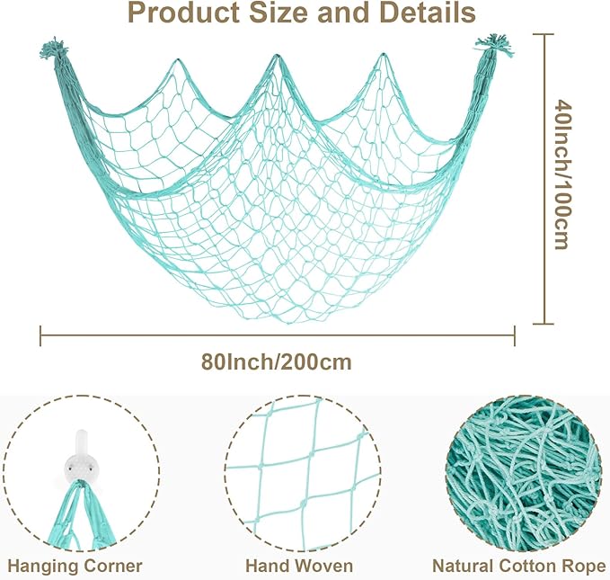 2 Pack Decoractive Fishing Net 80x40 Inch, 3mm Thickness Light Blue Natural Cotton Large Picture Wall Hanging Fish Net, Party Decorations Fishnet for Nautical Pirate Beach Mermaid Themed Party