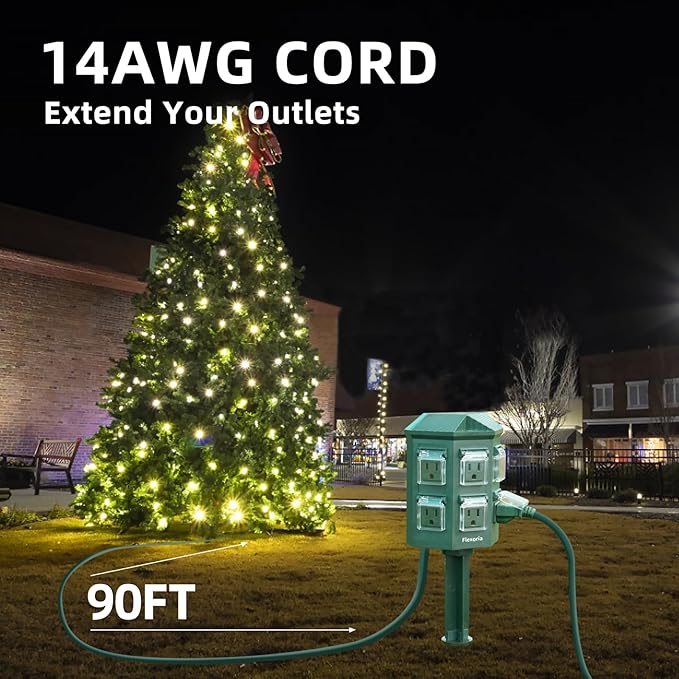 Outdoor Power Strip Waterproof, 90 FT Extension Cord, 6 Grounded Outlets for Christmas Decorations and Inflatables, 15A/1875W, ETL Listed