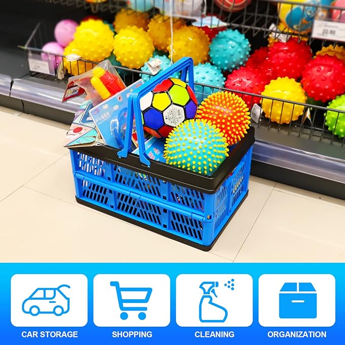 3 Packs 20L Collapsible Plastic Shopping Basket with Handles - Plastic Collapsible Storage Bins, Multi-function Collapsible Storage Crates Black & Blue