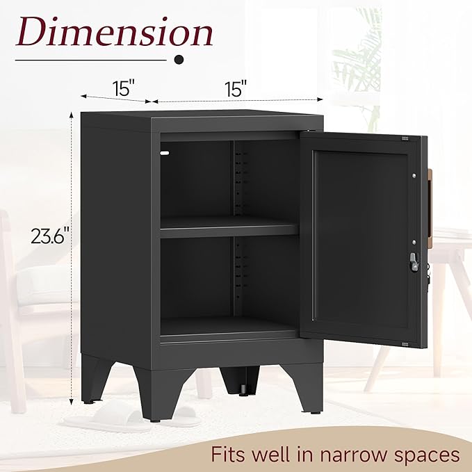 Bestoo Metal Locking Cabinet, 23.6" H Locker with 1 Magnetic Door and 1 Adjustable Shelve, Small Lockable Nightstand, Black Bedside Storage Cabinets for Bedroom, Home, Office, School