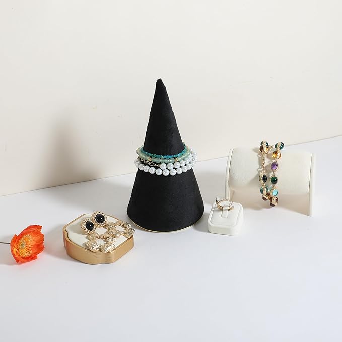 GemeShou Velvet bracelet display stand for selling, black jewelry bangle holder with golden base, felt bracelet storage organizer for nightstand home decor【Bracelet holder-black】