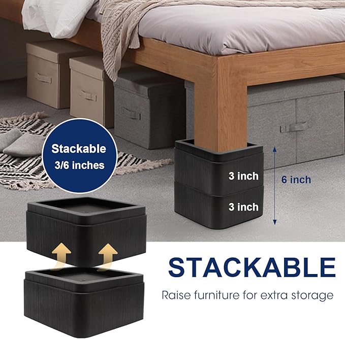 Oversized Bed Risers, 3 inch Lift, 8 Pack Heavy Duty Couch Risers, Adjustable 3/6/9 inch, 6000 lbs Bed Frame Furniture Riser for College Dorm Rooms, Sofa, Tables, Desks