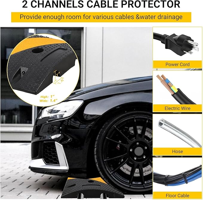 6 FT Heavy Duty Rubber Speed Bump 6-Pack, Driveway Cable Protector Ramp with Installation Bolts for Parking Lots, Garage & Gravel Roads