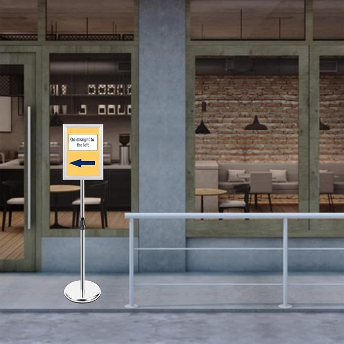 Adjustable Sign Stand for Display, Pedestal Floor Signage Stand Holder with Heavy Duty Base, for Outdoor or Indoor Advertising (11 x 17, Silver)