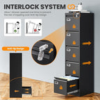 5 Drawer File Cabinet with Lock, Metal Filing Cabinets for Home Office, Vertical Black Locking File Caninet, Steel Narrow Five Drawer File Cabnet for Letter/Legal / A4 / B4- Assembly Required