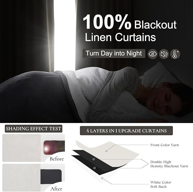 100% Blackout Curtains 92 Inches Long for Living Room 2 Panels Set, Room Darkening Energy Saving Curtain Window Coverings Elegant Flax Linen Hook Belt Pleated Drapes Aesthetic Bedroom(W50"xL92",Birch)