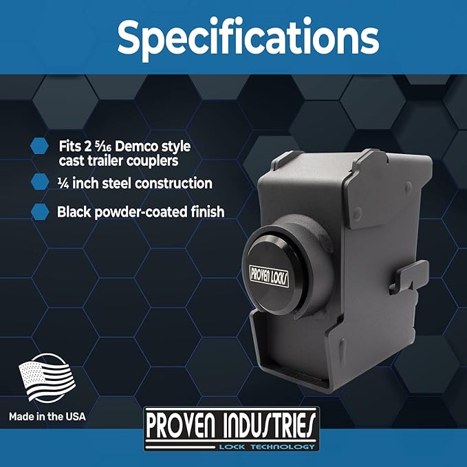 Proven Industries Model 2517-D1 Trailer Lock, Fits 2 5/16-Inch Demco Cast Trailer Couplers, Made in The USA (Black)