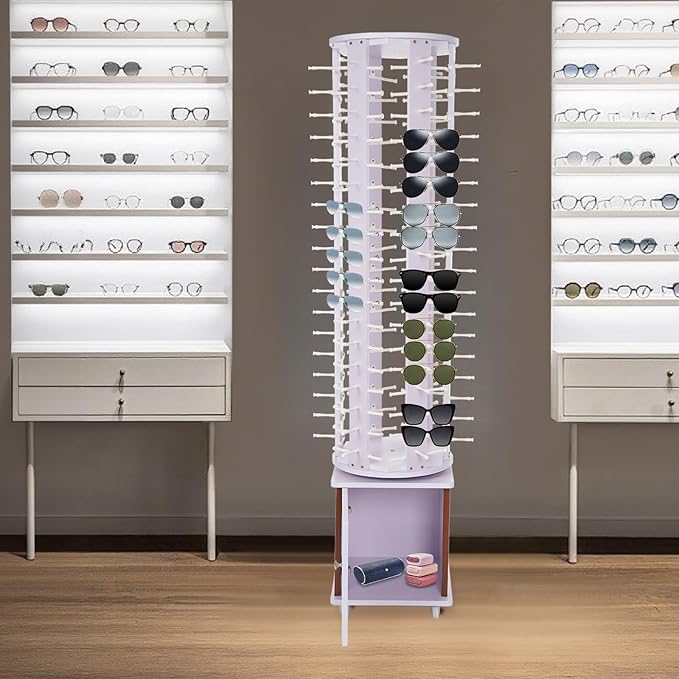Sunglasses Display Stand, 108 Pairs Wooden 360° Rotating Sunglass Eyeglass Holder Organizer, Glasses Hanger Storage Rack for Retail Commercial Display, L14.2*H66.1in, White
